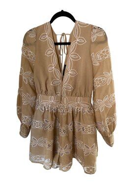 CQ BY CQ Tan Sheer Puffed Buttoned Sleeves Embroidered Floral Blouse Large NWT